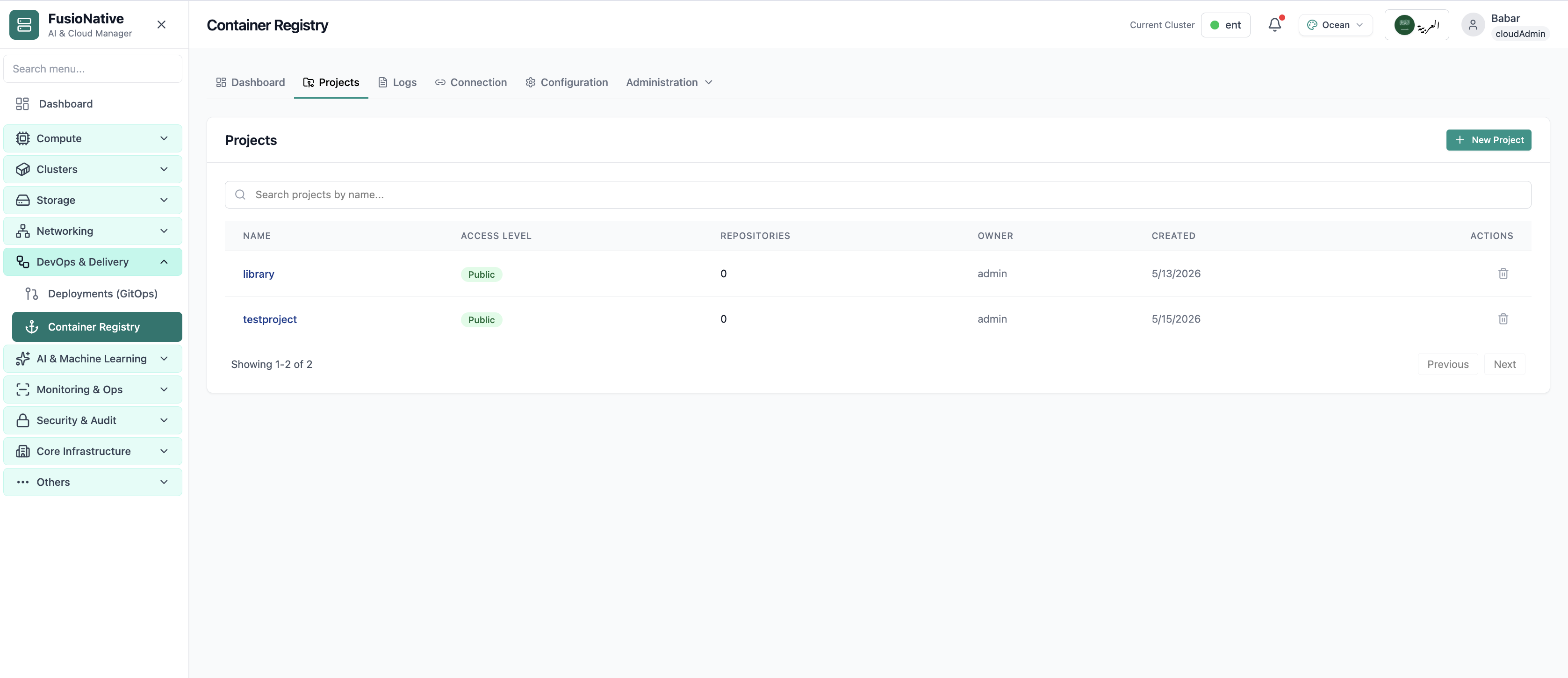 Container registry projects list.